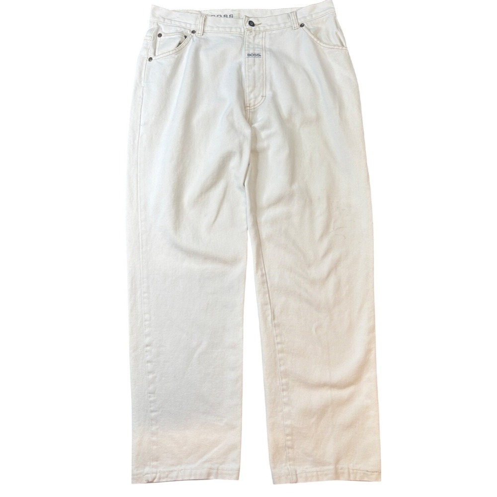 Vintage Hugo Boss Baggy Wide Leg Jeans Cream Denim Mens 36x30 Luxury 90s Y2K
